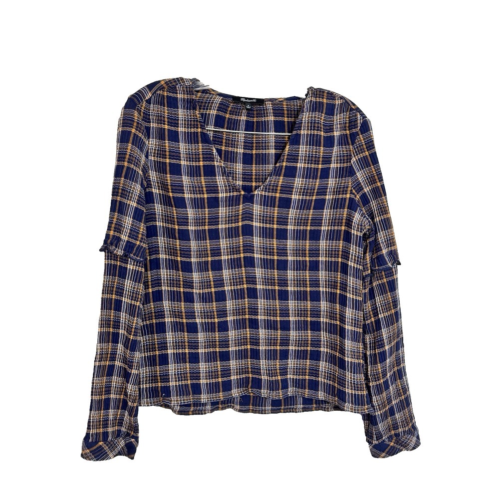 Madewell Top Women M Plaid Long Sleeve Blouse V-Neck Ruffle Pullover Academia